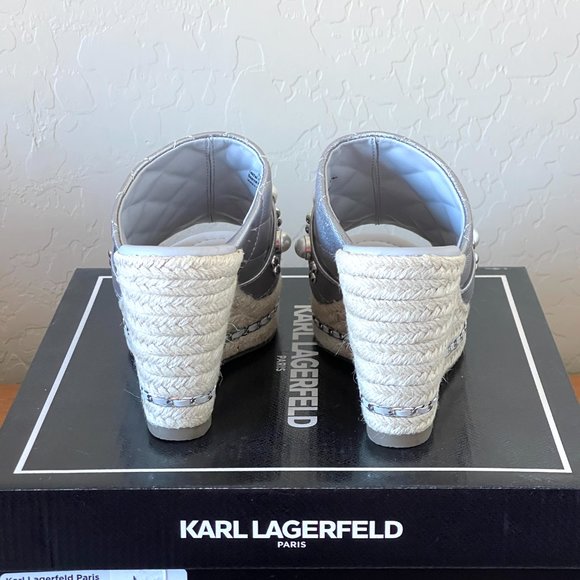 New Karl Lagerfeld Sandals 6.5 Camila Silver Pearl Stud Jute Platform Wedge - Picture 4 of 10